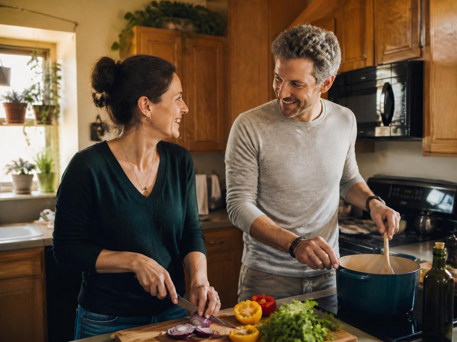 Two adults cooking a meal together in the warm, sunlit kitchen of a Cedar Rapids home